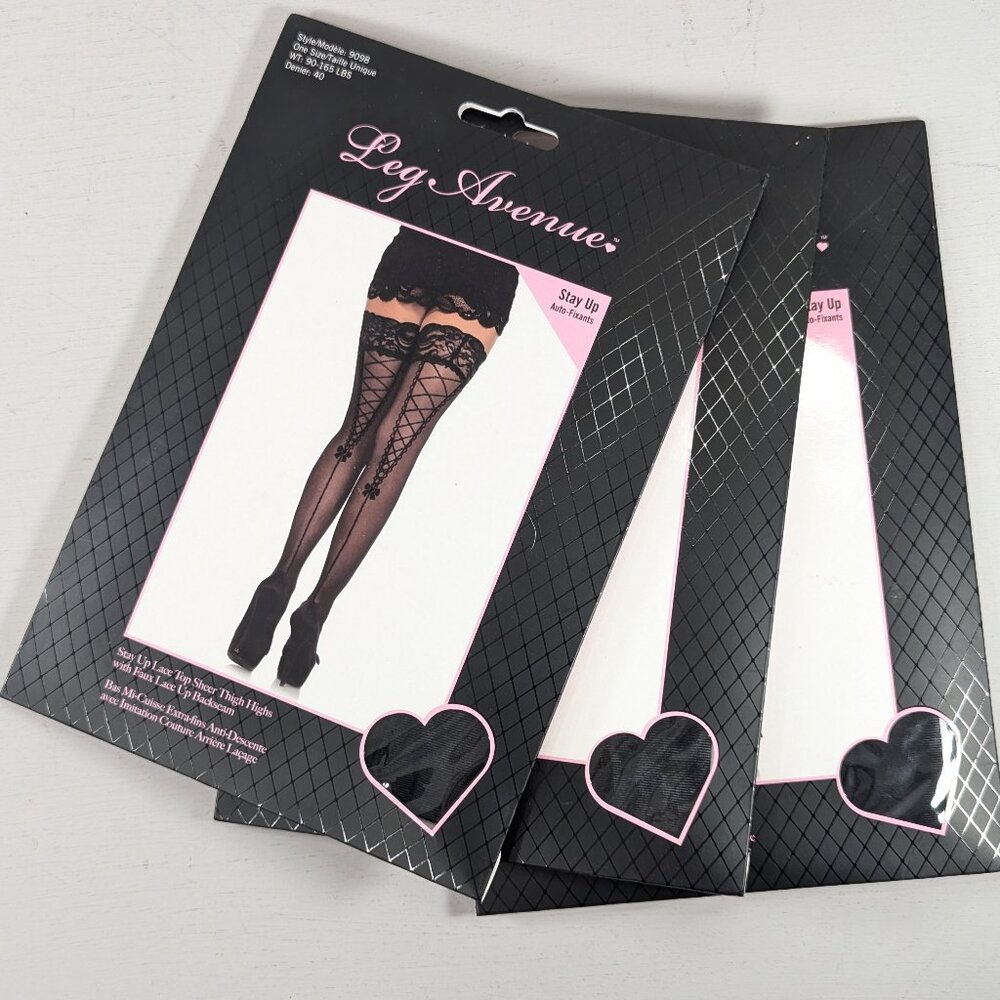 LOT OF 3 Black Leg Avenue Stay Up Thigh High Stockings Laux Lace up Back Seam